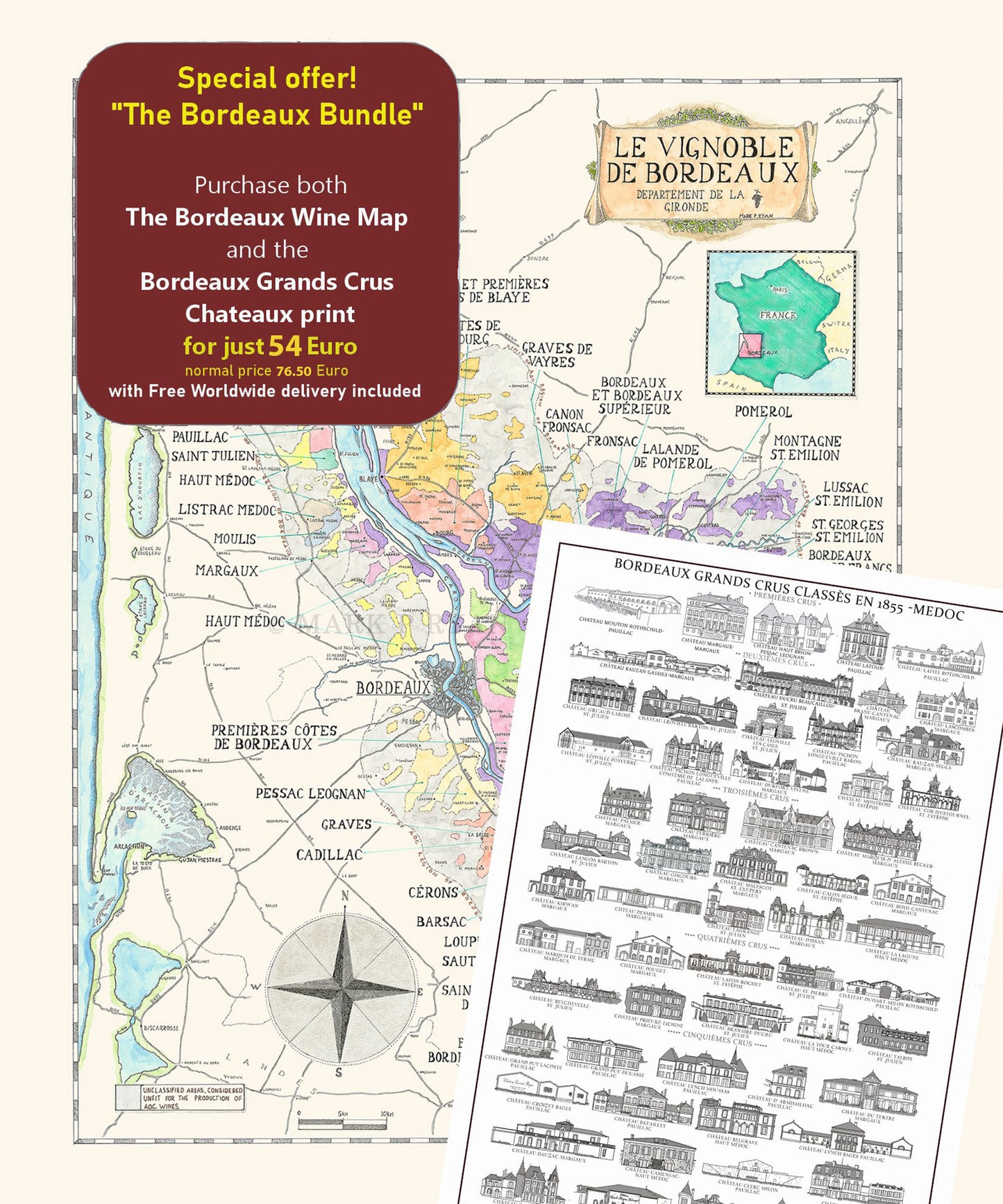 Wine map of Bordeaux and Grand Cru Chateaux pictures