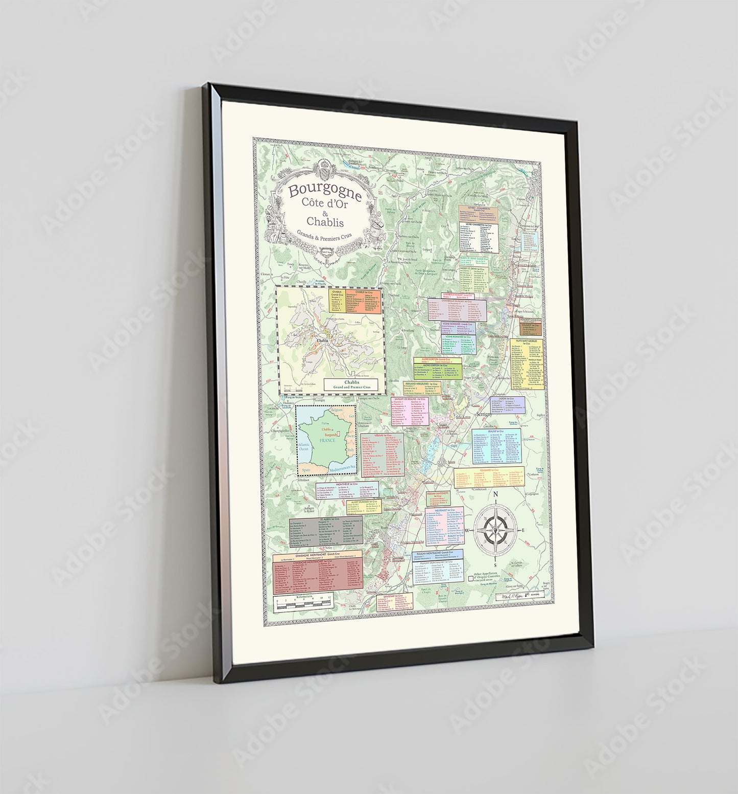 Framed map of Burgundy Wines