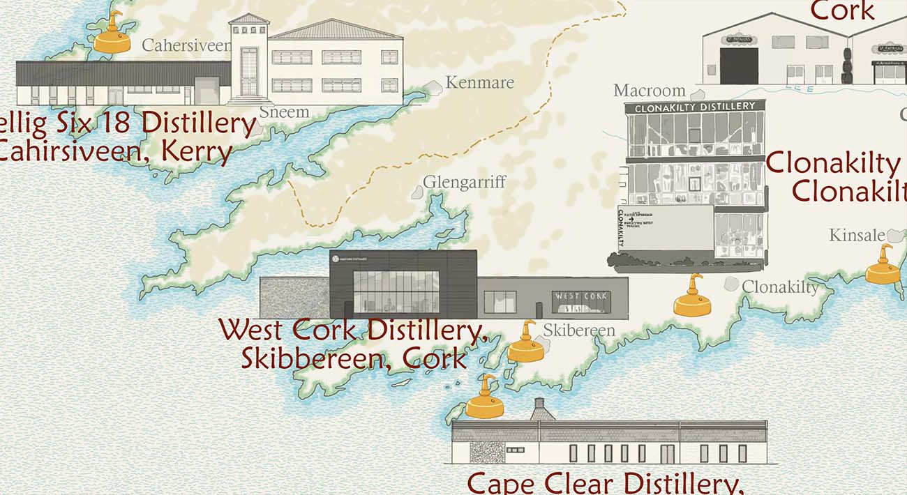 Whiskey Distilleries Map of Ireland, Irish Distilleries map