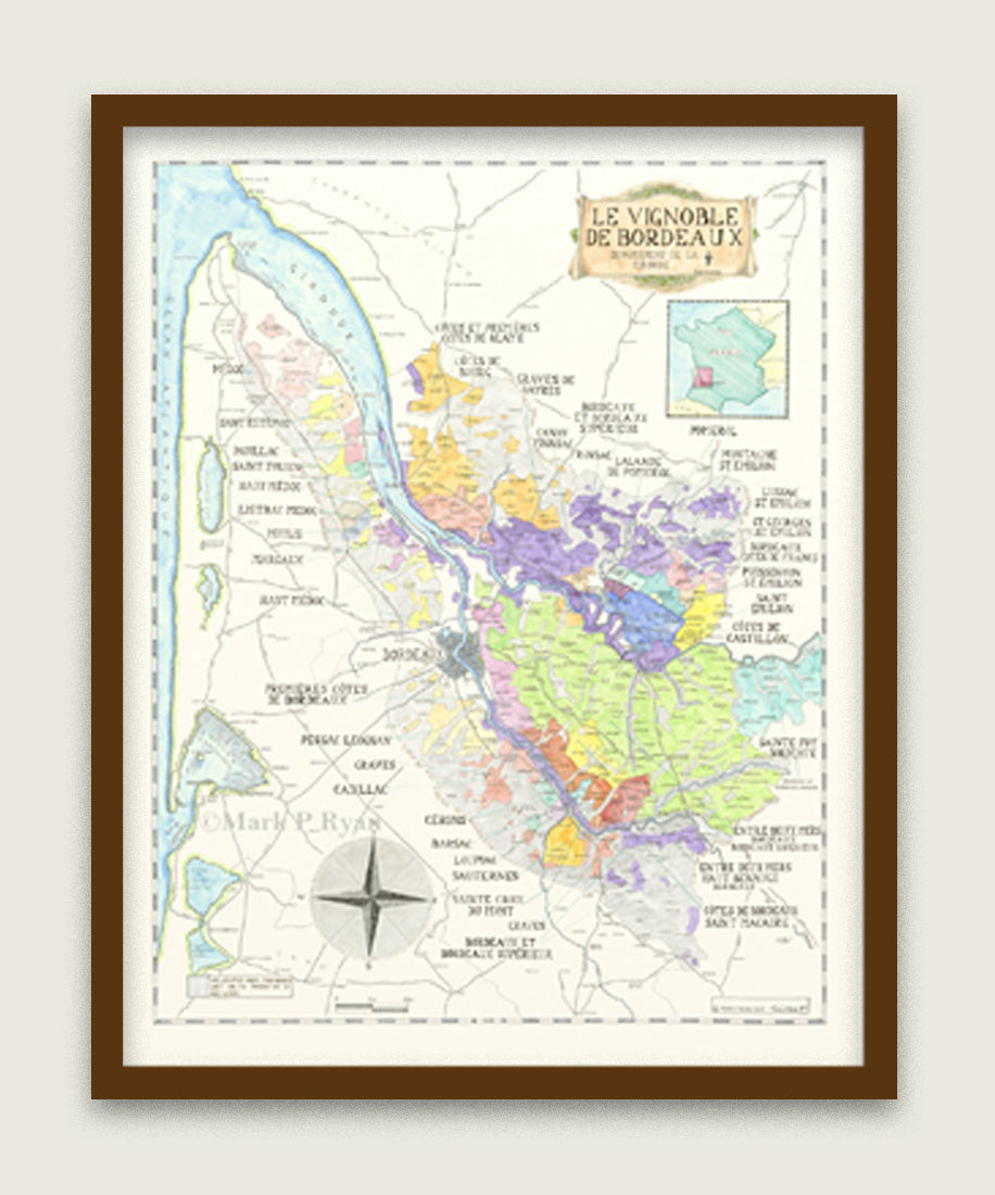 Bordeaux wine map and Great Chateaux of Bordeaux Print
