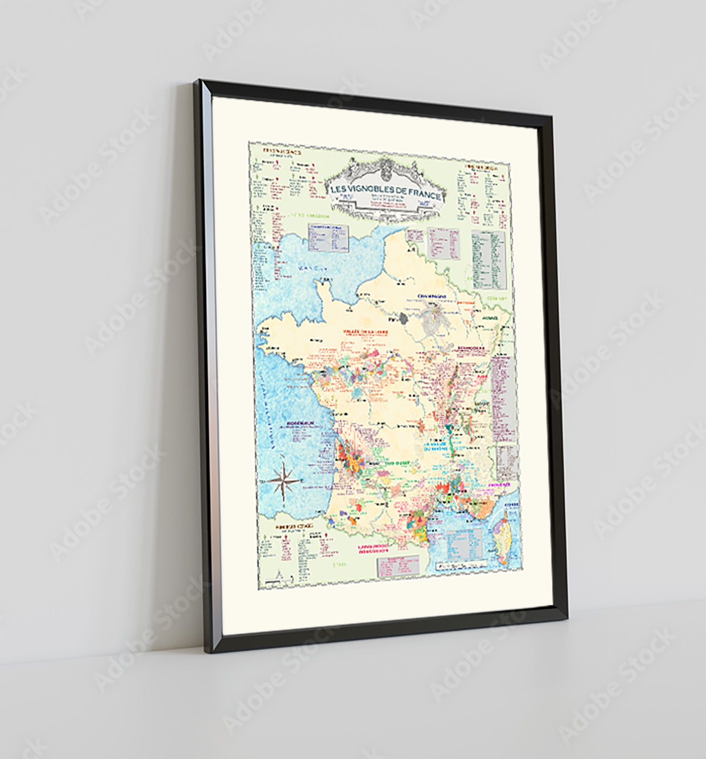 Framed map of french wines