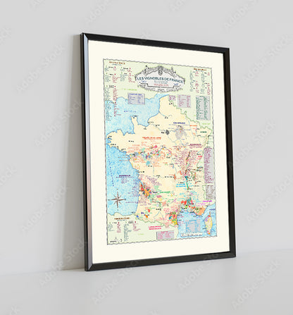 Framed map of french wines