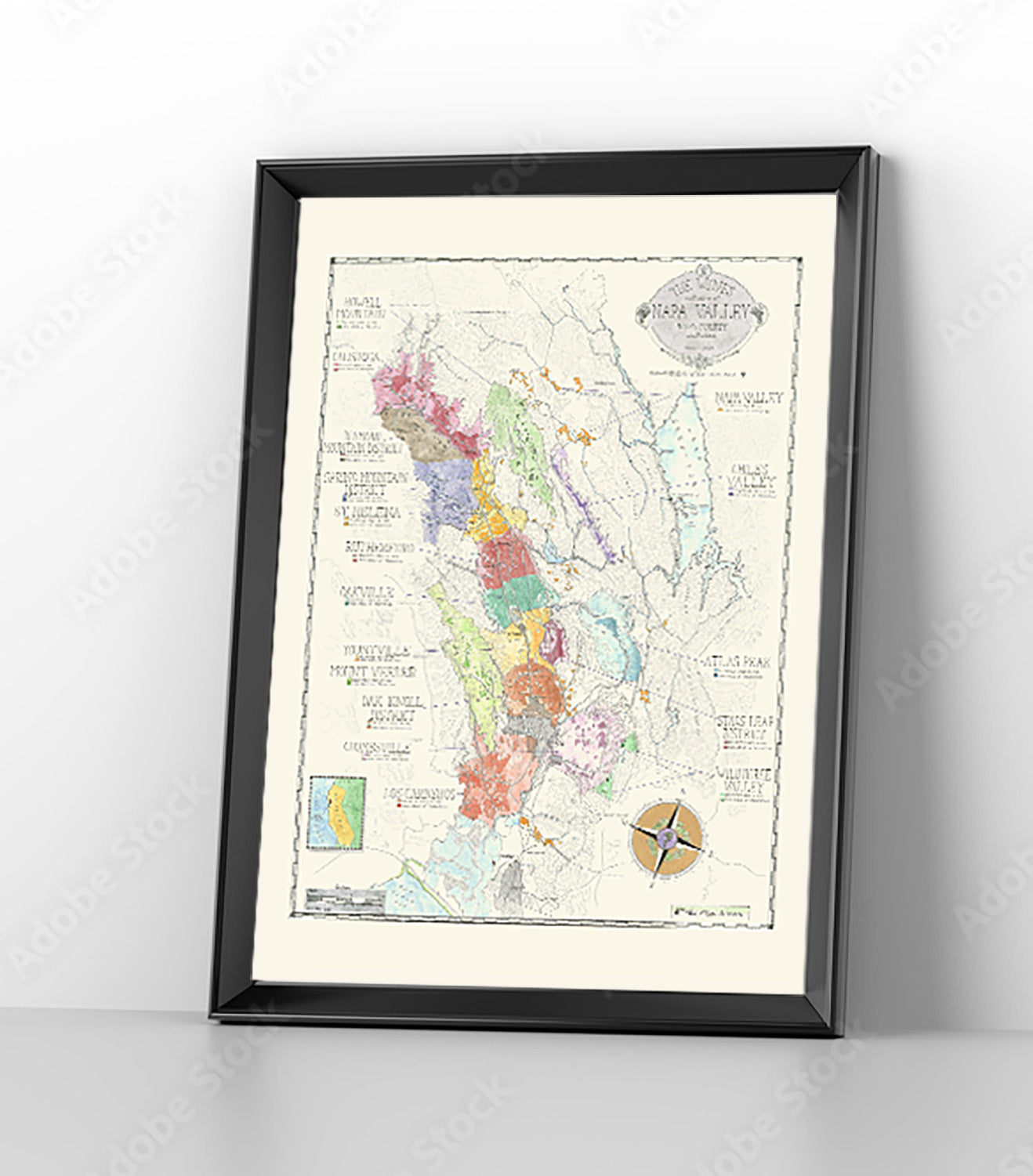 Framed napa wine map